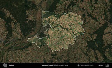 powiat grudziadzki. Polonya 'nın idari alanı, Eylül 2024' te çekilen Kopernik Nöbetçi karolarından oluşan koyu renkli bir uydu görüntüsü üzerine vurgulandı ve özetlendi