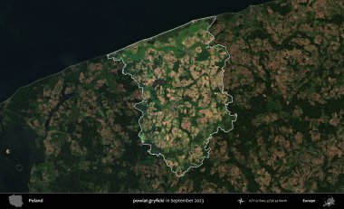 powiat gryficki. Polonya 'nın idari alanı, Eylül 2023' te çekilen Kopernik Nöbetçi karolarından oluşan koyu renkli bir uydu görüntüsü üzerine vurgulandı ve özetlendi.