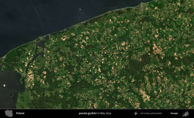 powiat gryficki. Mayıs 2024 'te Copernicus Sentinel karolarından oluşan uydu görüntüsü üzerine Polonya' nın idari bölgesi