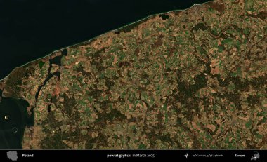 powiat gryficki. Copernicus Sentinel 'in Mart 2025' te çekilmiş uydu görüntüsü üzerine Polonya 'nın idari bölgesi