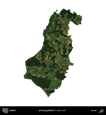 powiat gryfinski. Polonya idari bölgesi, Haziran 2018 'de çekilen Kopernik Nöbetçi karolarından oluşan bir uydu görüntüsü üzerinde beyaza izole edildi.