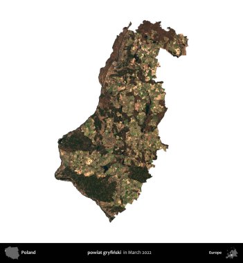 powiat gryfinski. Polonya idari bölgesi, Mart 2022 'de çekilen Kopernik Nöbetçi karolarından oluşan bir uydu görüntüsü üzerinde beyaza izole edildi.