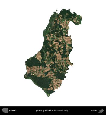 powiat gryfinski. Polonya idari bölgesi, Eylül 2023 'te çekilen Kopernik Nöbetçi karolarından oluşan bir uydu görüntüsü üzerinde beyaza izole edildi.
