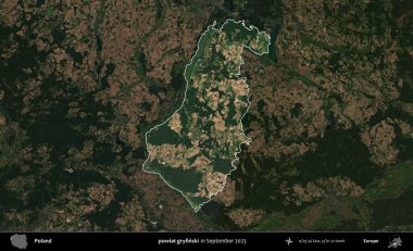 powiat gryfinski. Polonya 'nın idari alanı, Eylül 2023' te çekilen Kopernik Nöbetçi karolarından oluşan koyu renkli bir uydu görüntüsü üzerine vurgulandı ve özetlendi.