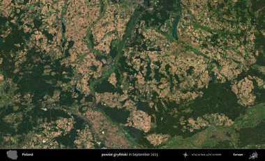 powiat gryfinski. Eylül 2023 'te Copernicus Sentinel karolarından oluşan uydu görüntüsü üzerine Polonya' nın idari bölgesi