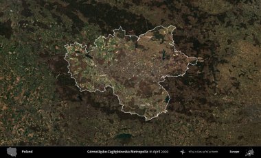 Gornoslasko-Zaglebiowska Metropoliası. Polonya 'nın idari alanı, Nisan 2020' de çekilen Kopernik Nöbetçi karolarından oluşan koyu renkli bir uydu görüntüsü üzerine vurgulandı ve özetlendi