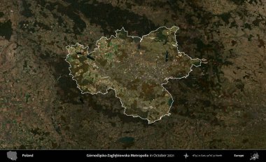 Gornoslasko-Zaglebiowska Metropoliası. Polonya 'nın idari alanı, Ekim 2021' de çekilen Kopernik Nöbetçi karolarından oluşan koyu renkli bir uydu görüntüsü üzerine vurgulandı ve özetlendi