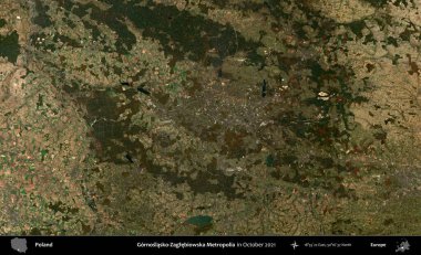 Gornoslasko-Zaglebiowska Metropoliası. Polonya 'nın idari bölgesi, Ekim 2021' de çekilen Kopernik Sentinel karolarından oluşan bir uydu görüntüsü üzerine kurulmuştur.