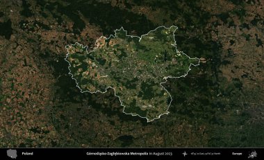 Gornoslasko-Zaglebiowska Metropoliası. Polonya 'nın idari alanı, Ağustos 2023' te çekilen Kopernik Nöbetçi karolarından oluşan koyu renkli bir uydu görüntüsü üzerine vurgulandı ve özetlendi.