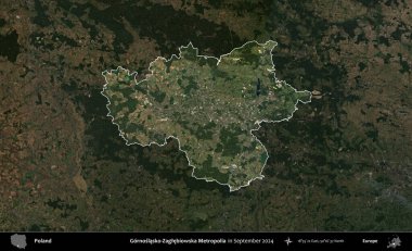 Gornoslasko-Zaglebiowska Metropoliası. Polonya 'nın idari alanı, Eylül 2024' te çekilen Kopernik Nöbetçi karolarından oluşan koyu renkli bir uydu görüntüsü üzerine vurgulandı ve özetlendi
