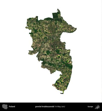 powiat hrubieszowski. Polonya idari bölgesi, Mayıs 2017 'de çekilen Kopernik Nöbetçi karolarından oluşan bir uydu görüntüsü üzerinde beyaza izole edildi.