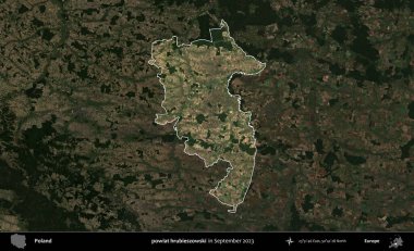 powiat hrubieszowski. Polonya 'nın idari alanı, Eylül 2023' te çekilen Kopernik Nöbetçi karolarından oluşan koyu renkli bir uydu görüntüsü üzerine vurgulandı ve özetlendi.