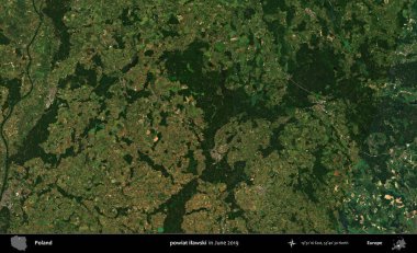 powiat ilawski. Copernicus Sentinel 'in Haziran 2019' da çekilmiş uydu görüntüsü üzerine Polonya 'nın idari bölgesi.