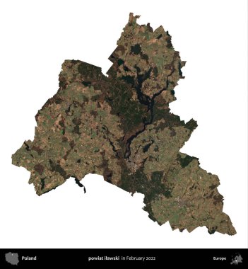 powiat ilawski. Polonya idari bölgesi, Şubat 2022 'de çekilen Kopernik Nöbetçi karolarından oluşan bir uydu görüntüsü üzerinde beyaza izole edildi.