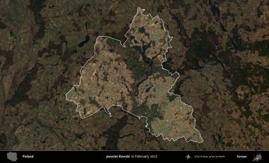 powiat ilawski. Polonya 'nın idari alanı, Şubat 2022' de çekilen Kopernik Nöbetçi karolarından oluşan koyu renkli bir uydu görüntüsü üzerine vurgulandı ve özetlendi.