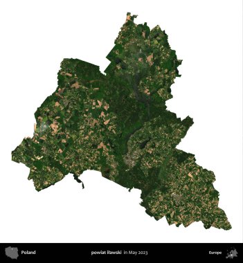 powiat ilawski. Polonya 'nın idari bölgesi, Mayıs 2023' te çekilen Kopernik Nöbetçi Fayanslarından oluşan bir uydu görüntüsüyle beyaza izole edildi.