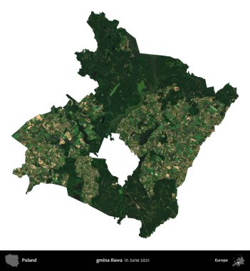 gmina Ilawa. Polonya idari bölgesi, Haziran 2021 'de çekilen Kopernik Nöbetçi karolarından oluşan bir uydu görüntüsü üzerinde beyaza izole edildi.