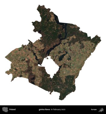 gmina Ilawa. Polonya idari bölgesi, Şubat 2022 'de çekilen Kopernik Nöbetçi karolarından oluşan bir uydu görüntüsü üzerinde beyaza izole edildi.
