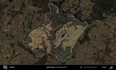 gmina Ilawa. Polonya 'nın idari alanı, Şubat 2022' de çekilen Kopernik Nöbetçi karolarından oluşan koyu renkli bir uydu görüntüsü üzerine vurgulandı ve özetlendi.