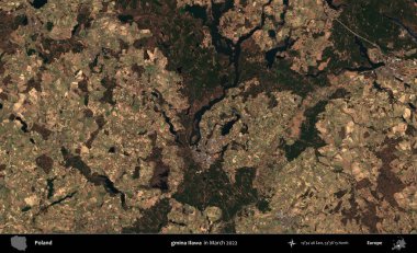gmina Ilawa. Copernicus Sentinel 'in Mart 2022' de çekilmiş uydu görüntüsü üzerine Polonya 'nın idari bölgesi.