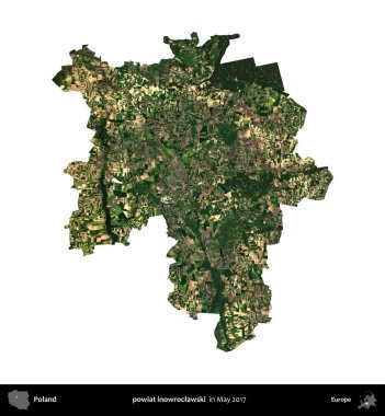 powiat inowroclawski. Polonya idari bölgesi, Mayıs 2017 'de çekilen Kopernik Nöbetçi karolarından oluşan bir uydu görüntüsü üzerinde beyaza izole edildi.