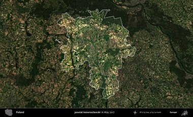 powiat inowroclawski. Polonya 'nın idari alanı, Mayıs 2017' de çekilen Kopernik Nöbetçi karolarından oluşan koyu renkli bir uydu görüntüsü üzerinde vurgulandı ve özetlendi.