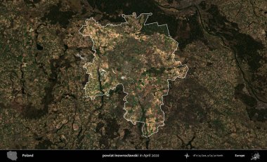 powiat inowroclawski. Polonya 'nın idari alanı, Nisan 2020' de çekilen Kopernik Nöbetçi karolarından oluşan koyu renkli bir uydu görüntüsü üzerine vurgulandı ve özetlendi
