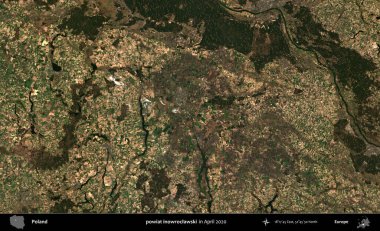 powiat inowroclawski. Nisan 2020 'de Copernicus Sentinel karolarından oluşan bir uydu görüntüsü üzerine Polonya' nın idari bölgesi
