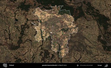 powiat inowroclawski. Polonya 'nın idari alanı, Mart 2022' de çekilen Kopernik Nöbetçi karolarından oluşan koyu renkli bir uydu görüntüsü üzerine vurgulandı ve özetlendi.