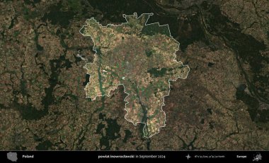 powiat inowroclawski. Polonya 'nın idari alanı, Eylül 2024' te çekilen Kopernik Nöbetçi karolarından oluşan koyu renkli bir uydu görüntüsü üzerine vurgulandı ve özetlendi