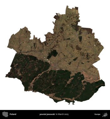 powiat janowski. Polonya idari bölgesi, Mart 2025 'te çekilen Kopernik Nöbetçi karolarından oluşan bir uydu görüntüsü üzerinde beyaza izole edildi.