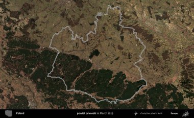 powiat janowski. Polonya 'nın idari bölgesinin ana hatları, Mart 2025' te çekilen Kopernik Nöbetçi karolarından oluşan bir uydu görüntüsü üzerine çizildi.