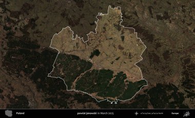 powiat janowski. Polonya 'nın idari alanı, Mart 2025' te çekilen Kopernik Nöbetçi karolarından oluşan koyu renkli bir uydu görüntüsü üzerine vurgulandı ve özetlendi