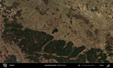 powiat janowski. Copernicus Sentinel 'in Mart 2025' te çekilmiş uydu görüntüsü üzerine Polonya 'nın idari bölgesi
