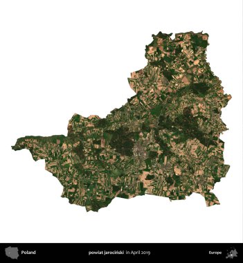 powiat jarocinski. Polonya idari bölgesi, Nisan 2019 'da çekilen Kopernik Nöbetçi karolarından oluşan bir uydu görüntüsü üzerinde beyaza izole edildi.