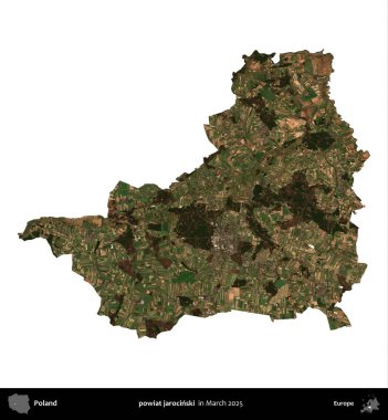 powiat jarocinski. Polonya idari bölgesi, Mart 2025 'te çekilen Kopernik Nöbetçi karolarından oluşan bir uydu görüntüsü üzerinde beyaza izole edildi.