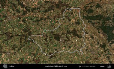 powiat jarocinski. Polonya 'nın idari bölgesinin ana hatları, Mart 2025' te çekilen Kopernik Nöbetçi karolarından oluşan bir uydu görüntüsü üzerine çizildi.