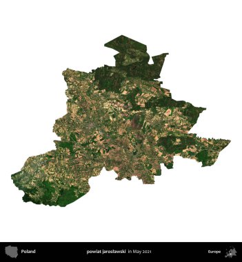 powiat jaroslawski. Polonya idari bölgesi, Mayıs 2021 'de çekilen Kopernik Nöbetçi Karolarından oluşan bir uydu görüntüsü üzerinde beyaza izole edildi.