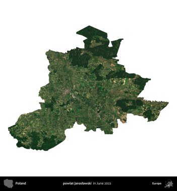 powiat jaroslawski. Polonya idari bölgesi, Haziran 2022 'de çekilen Kopernik Nöbetçi karolarından oluşan bir uydu görüntüsü üzerinde beyaza izole edildi.