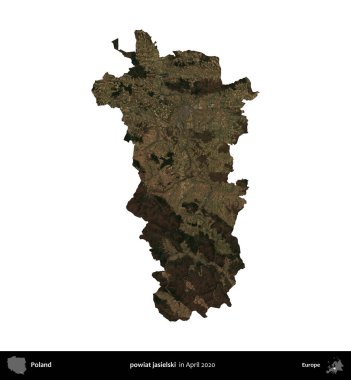 Powiat Jaselski. Polonya idari bölgesi, Nisan 2020 'de çekilen Kopernik Nöbetçi karolarından oluşan bir uydu görüntüsü üzerinde beyaza izole edildi.