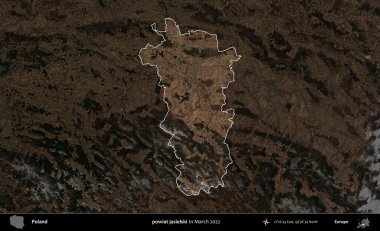 Powiat Jaselski. Polonya 'nın idari alanı, Mart 2022' de çekilen Kopernik Nöbetçi karolarından oluşan koyu renkli bir uydu görüntüsü üzerine vurgulandı ve özetlendi.