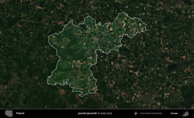 powiat jaworski. Polonya 'nın idari alanı, Haziran 2023' te çekilen Kopernik Nöbetçi karolarından oluşan koyu renkli bir uydu görüntüsü üzerine vurgulandı ve özetlendi.
