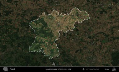powiat jaworski. Polonya 'nın idari alanı, Eylül 2024' te çekilen Kopernik Nöbetçi karolarından oluşan koyu renkli bir uydu görüntüsü üzerine vurgulandı ve özetlendi