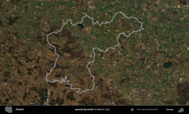 powiat jaworski. Polonya 'nın idari bölgesinin ana hatları, Mart 2025' te çekilen Kopernik Nöbetçi karolarından oluşan bir uydu görüntüsü üzerine çizildi.