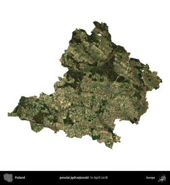 powiat jedrzejowski. Polonya idari bölgesi, Nisan 2018 'de çekilen Kopernik Nöbetçi karolarından oluşan bir uydu görüntüsü üzerinde beyaza izole edildi.