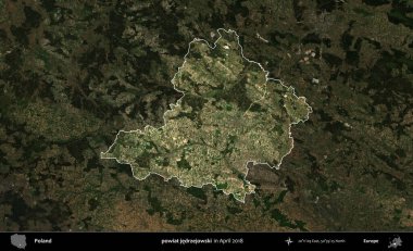 powiat jedrzejowski. Polonya 'nın idari alanı, Nisan 2018' de çekilen Kopernik Nöbetçi karolarından oluşan koyu renkli bir uydu görüntüsü üzerine vurgulandı ve özetlendi