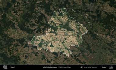powiat jedrzejowski. Polonya 'nın idari alanı, Eylül 2020' de çekilen Kopernik Nöbetçi karolarından oluşan koyu renkli bir uydu görüntüsü üzerine vurgulandı ve özetlendi
