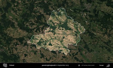 powiat jedrzejowski. Polonya 'nın idari alanı, Eylül 2023' te çekilen Kopernik Nöbetçi karolarından oluşan koyu renkli bir uydu görüntüsü üzerine vurgulandı ve özetlendi.