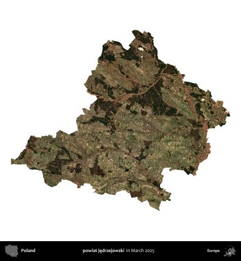 powiat jedrzejowski. Polonya idari bölgesi, Mart 2025 'te çekilen Kopernik Nöbetçi karolarından oluşan bir uydu görüntüsü üzerinde beyaza izole edildi.