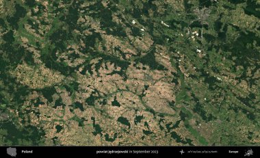 powiat jedrzejowski. Eylül 2023 'te Copernicus Sentinel karolarından oluşan uydu görüntüsü üzerine Polonya' nın idari bölgesi